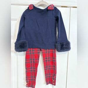 Janie and Jack Red and Navy Plaid Set with Faux Fur and Bows